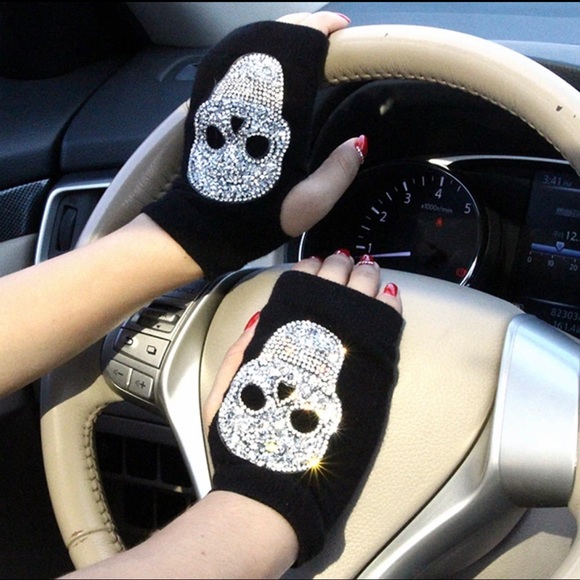 Accessories - Black Skull Rhinestone Fingerless Gloves